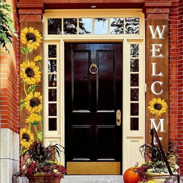 Wooden welcome sign with sunflowers, autumn harvest theme. Thanksgiving sunflower porch decor.