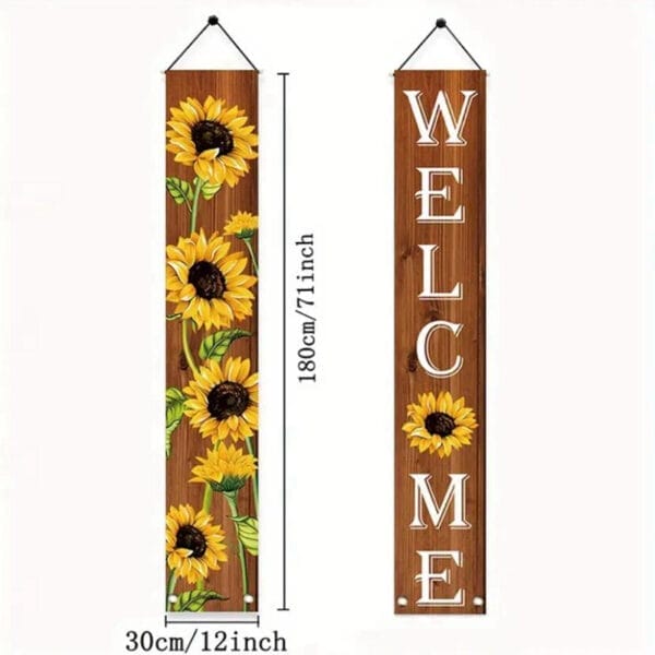 Vertical wooden welcome sign with sunflowers; Thanksgiving sunflower porch decor.