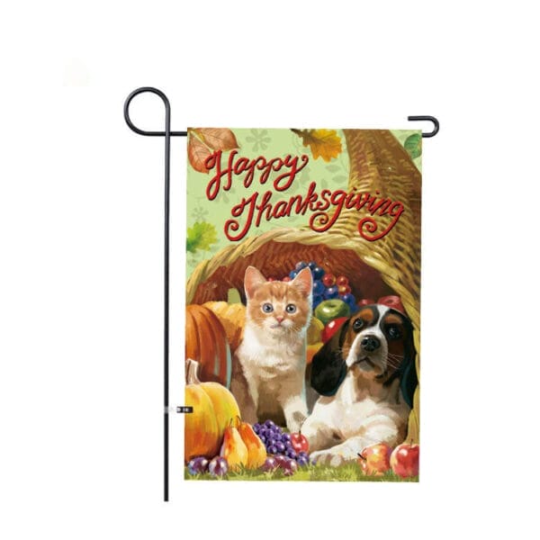 Happy Thanksgiving garden flag with kitten and puppy in autumn harvest cornucopia.