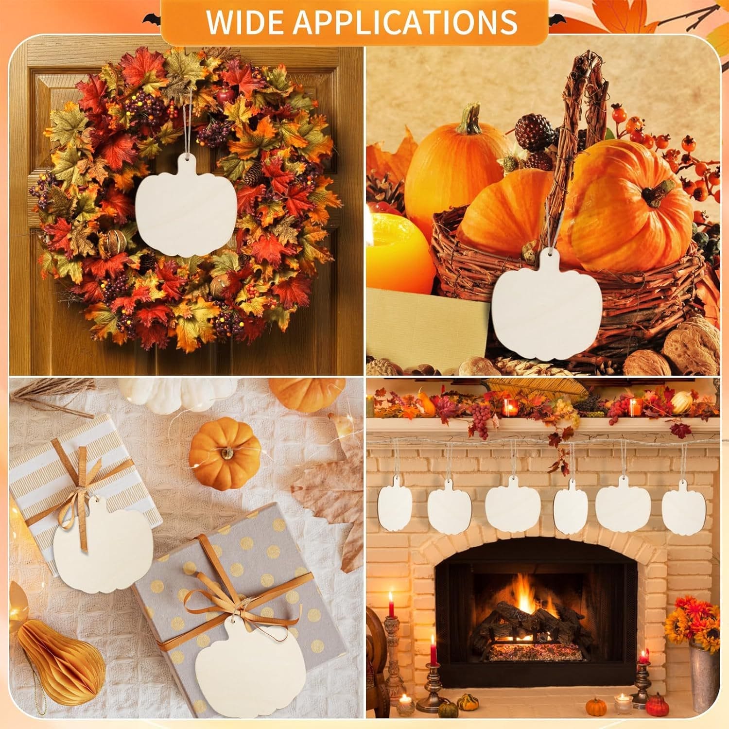 Versatile wooden pumpkin cutouts: DIY Halloween decorations, fall wreaths, gift tags.