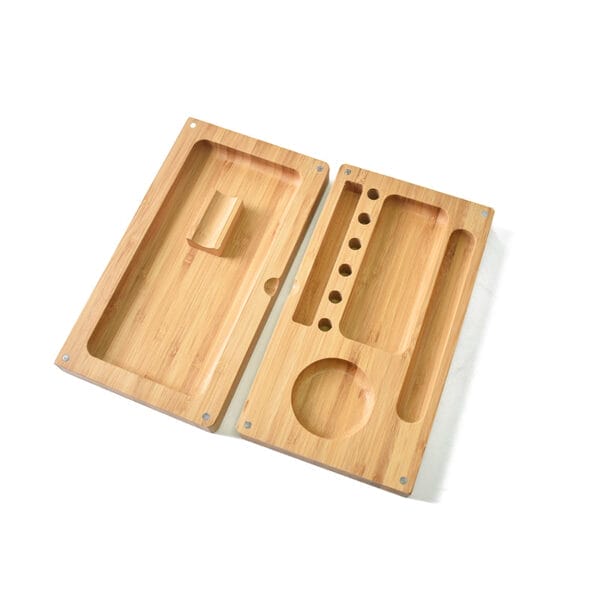 Two-layer wooden rolling tray with compartments for smoking supplies.