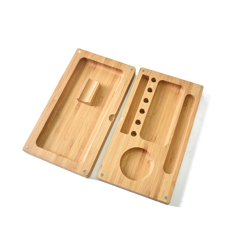 Two-layer wooden rolling tray with compartments for smoking supplies.