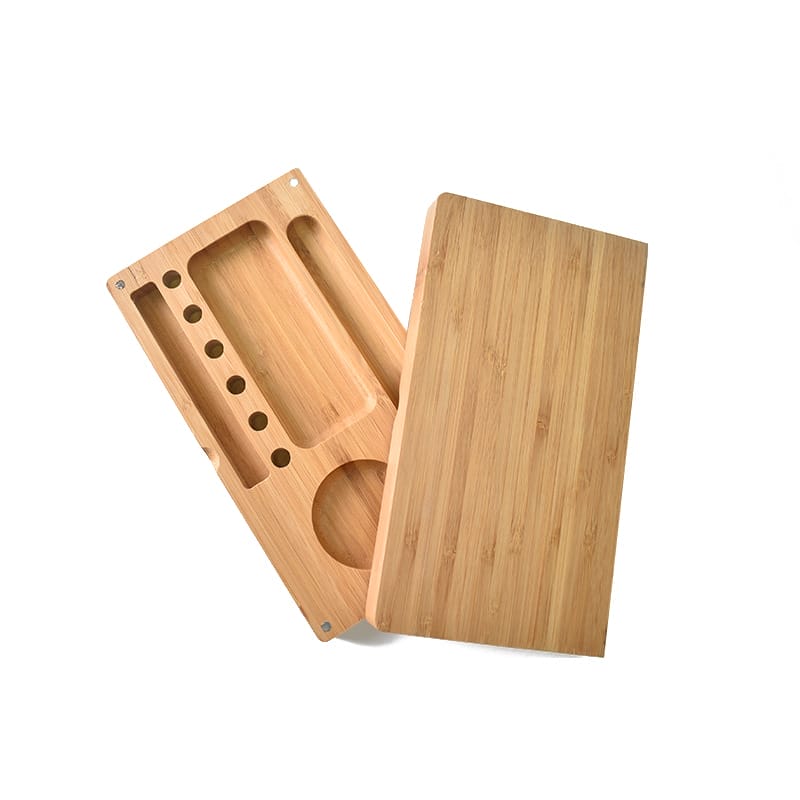 Two-layer bamboo rolling tray with compartments for smoking supplies.