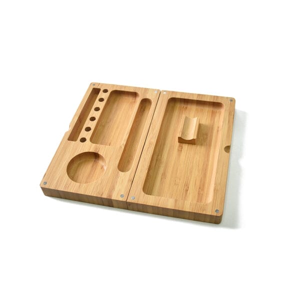 Two-layer bamboo rolling tray with compartments for rolling papers, grinder, and other smoking accessories.