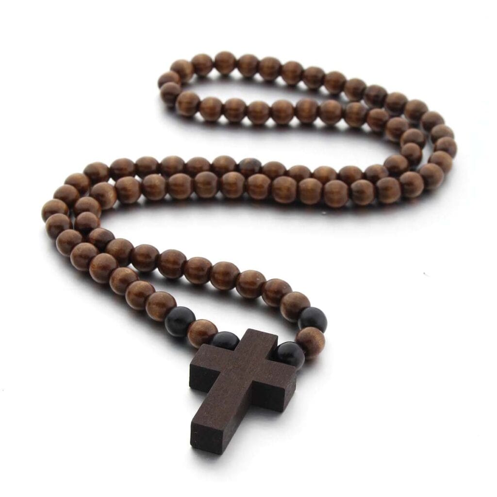 Brown wooden rosary beads necklace with dark wood cross pendant. Wooden rosary beads.