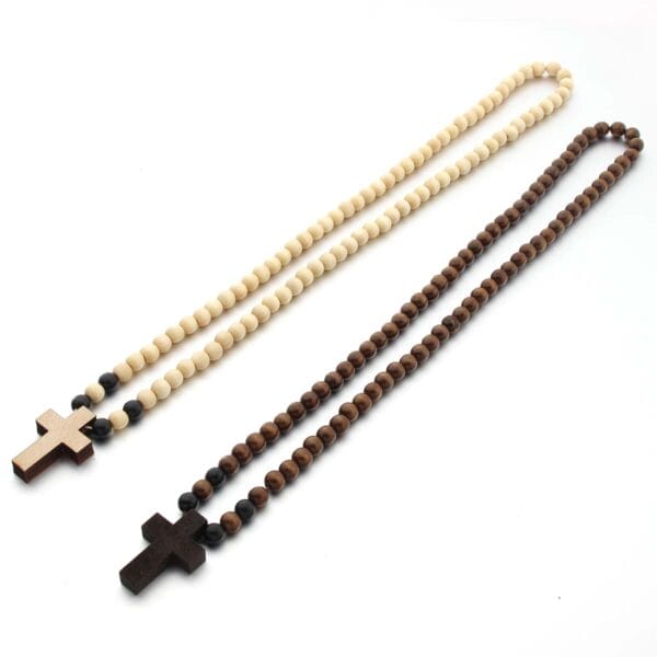Two wooden bead necklaces with cross pendants. Supplier of wood pendant necklaces.