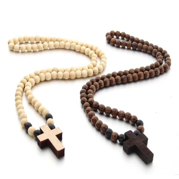 Two wooden rosary necklaces with cross pendants. A supplier of wood pendant necklaces.