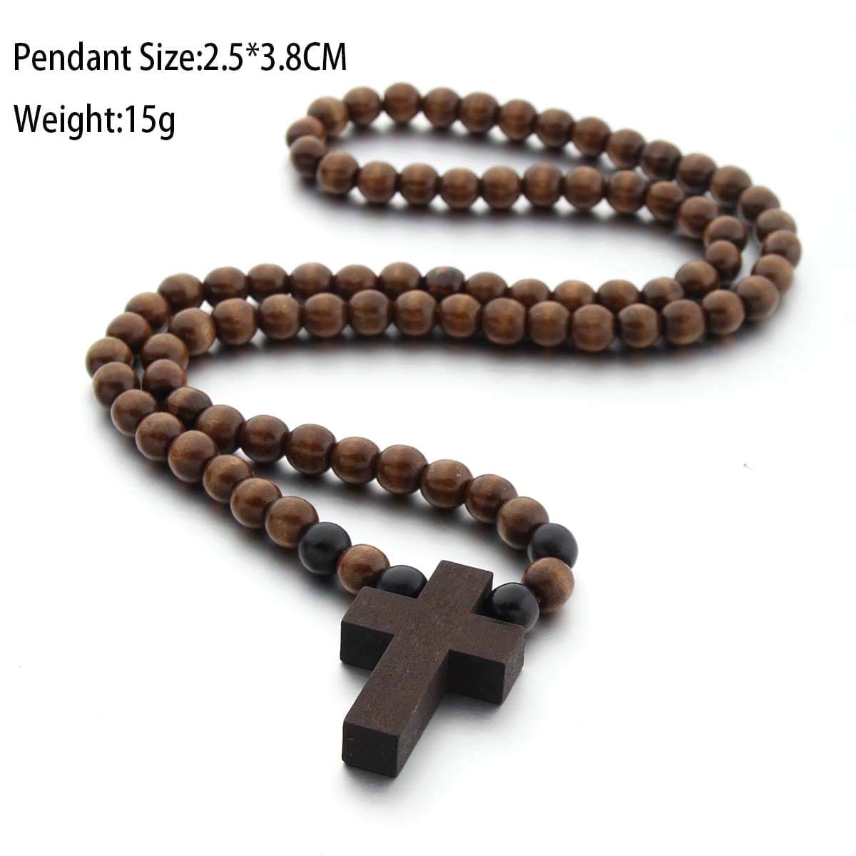 Personalized Wooden Rosary Beads Necklace with Cross Pendant: Brown wooden beads necklace featuring a dark wood cross pendant.