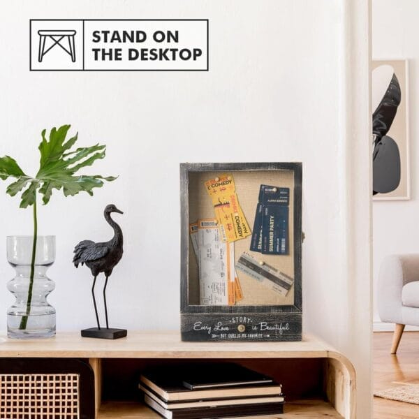 Custom Wooden Shadow Box: Rustic wooden display case showcasing tickets & mementos, perfect for wholesale & branding.
