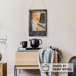 Rustic wooden shadow box with hemp rope hanger; perfect for displaying tickets, mementos & branding. Wholesale options available.