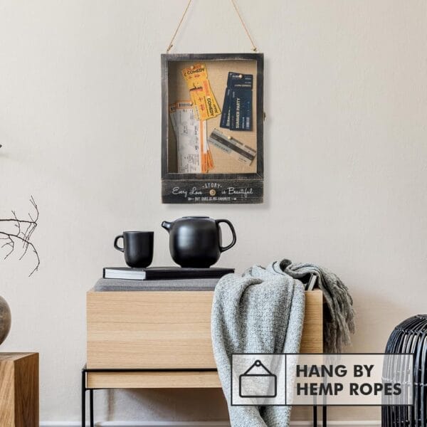 Rustic wooden shadow box with hemp rope hanger; perfect for displaying tickets, mementos & branding. Wholesale options available.