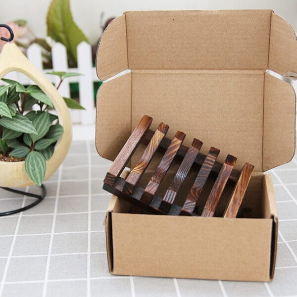 Wooden soap dish, slatted design, in a cardboard box. Perfect bathroom accessory. Wholesale available.
