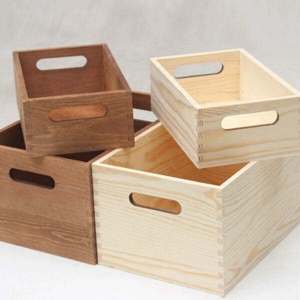 Wholesale custom wooden storage boxes with handles. Set of four: two light and two dark stained wooden crates perfect for storage and organization.