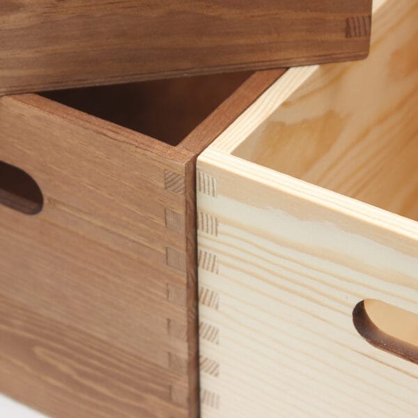 Custom Wooden Storage Boxes: Handcrafted wholesale wooden boxes, light and dark wood, showing intricate joinery. Perfect for storage and organization.