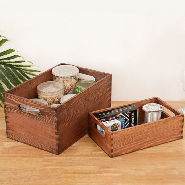 Rustic wooden storage boxes with handles; perfect for pantry organization. Wholesale custom options available.