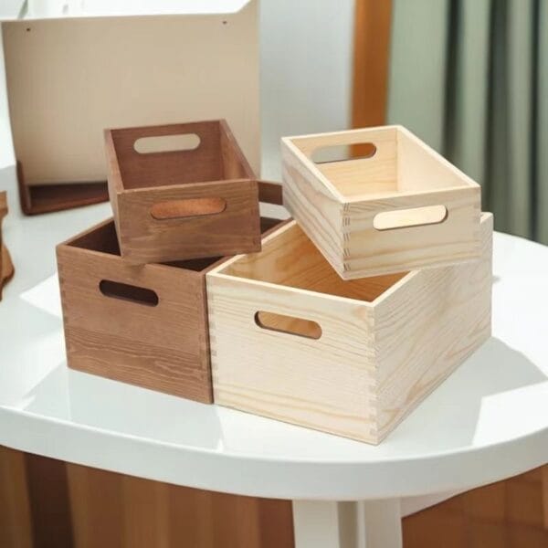 Wholesale custom wooden storage boxes with handles. Set of four: two light and two dark stained wood crates.