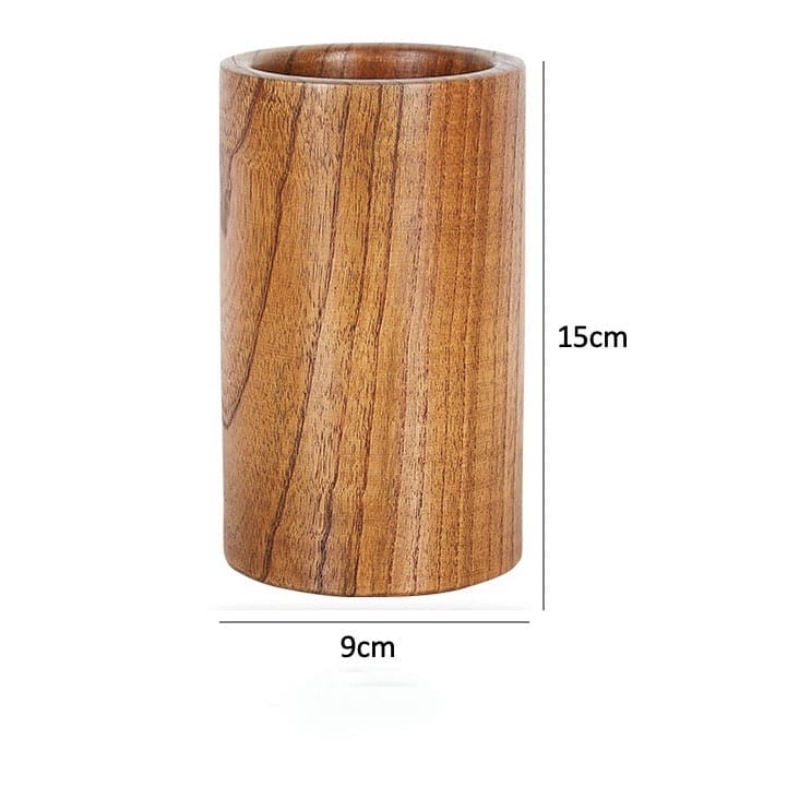 Solid wood utensil holder, 9cm diameter, 15cm tall. Perfect kitchen organizer for spoons, forks, and other cutlery.