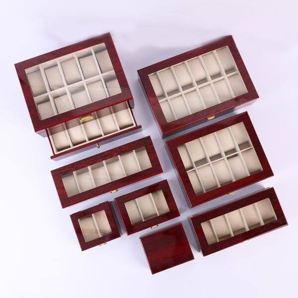 Custom Wooden Watch Box: Wholesale lot of various sized wooden watch boxes with glass tops, perfect for watch storage and display.