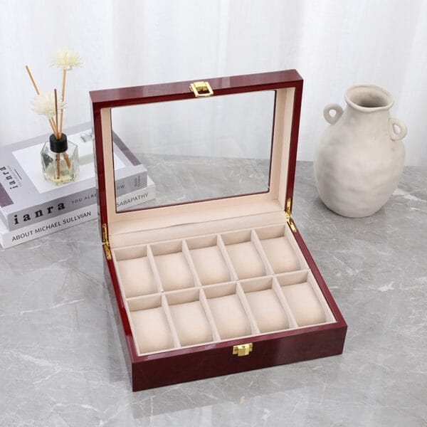 Custom Wooden Watch Box: Dark red wooden watch display case with glass top and nine compartments for storing watches. Wholesale available.