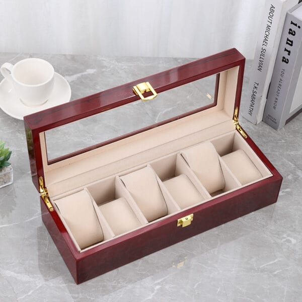 Custom Wooden Watch Box: Five-slot watch storage with glass top, ideal for display and organization.