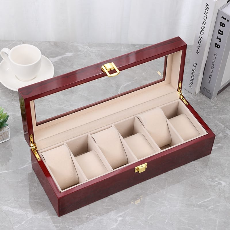 Custom Wooden Watch Box: Five-slot watch storage with glass top, ideal for display and organization.