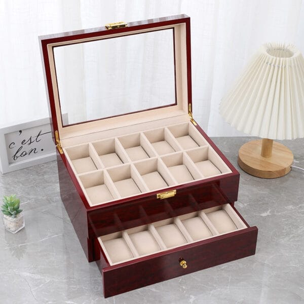 Custom Wooden Watch Box: Red wooden watch storage box with glass top, multiple compartments, and a drawer for watches. Wholesale available.