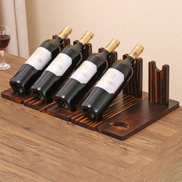 Wooden wine bottle holder, pine wood wine display rack, holds four bottles. Wholesale supplier.