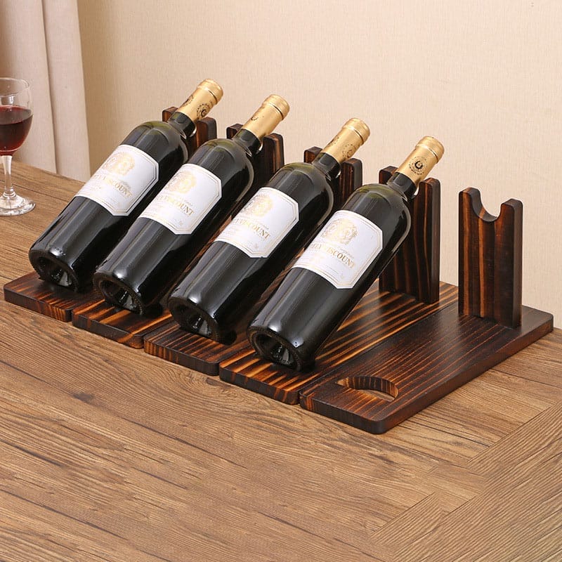 Wooden wine bottle holder, pine wood wine display rack, holds four bottles. Wholesale supplier.