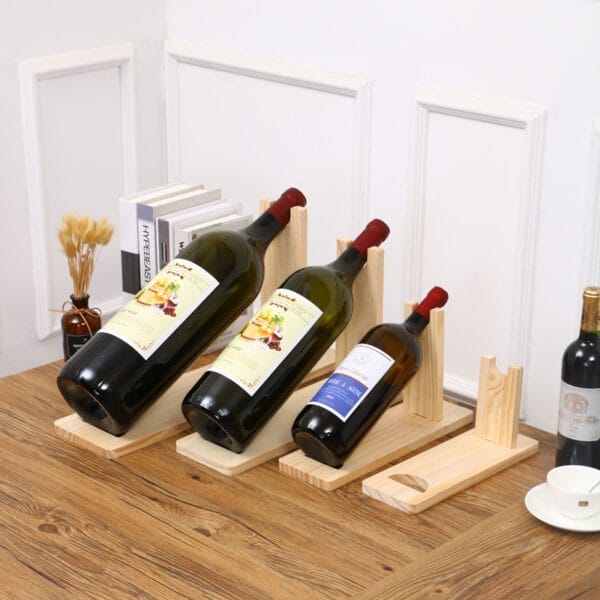 Wooden wine bottle holder, pine wood wine display rack, holds three bottles. Wholesale supplier of wine racks.