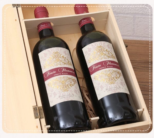 Custom 2-bottle wooden wine box, perfect for gifting. Solid wood construction, showcasing Fiesta Flamenca wine.
