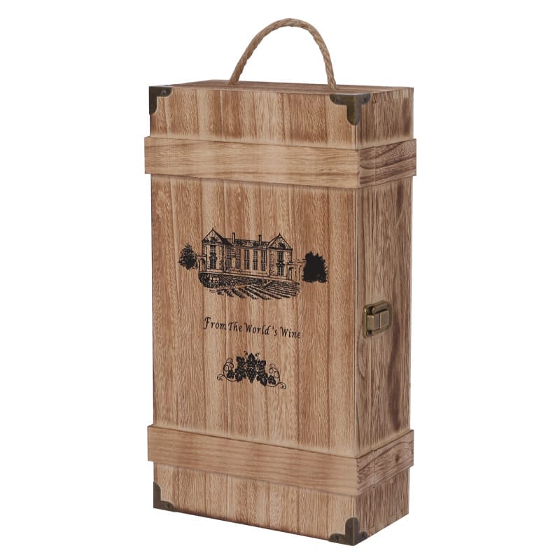 Custom Wooden Wine Box: 2-bottle solid wood wine gift box with rope handle and engraved design. Perfect for wine packaging.