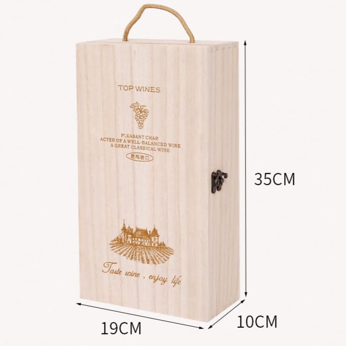 Custom 2-bottle wooden wine box, solid wood packaging with engraved design. Perfect for gifting or storage.