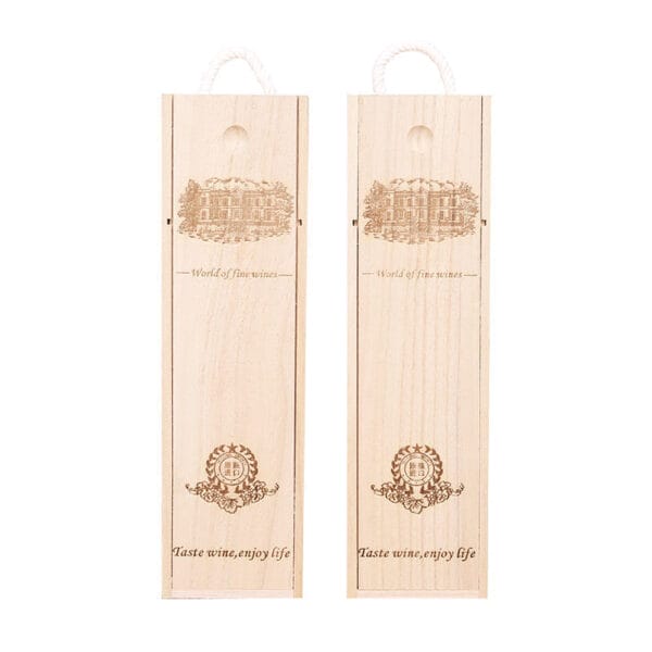 Custom wooden wine boxes: 2-bottle solid wood packaging with engraved designs and rope handles. Perfect for gifting or storage.