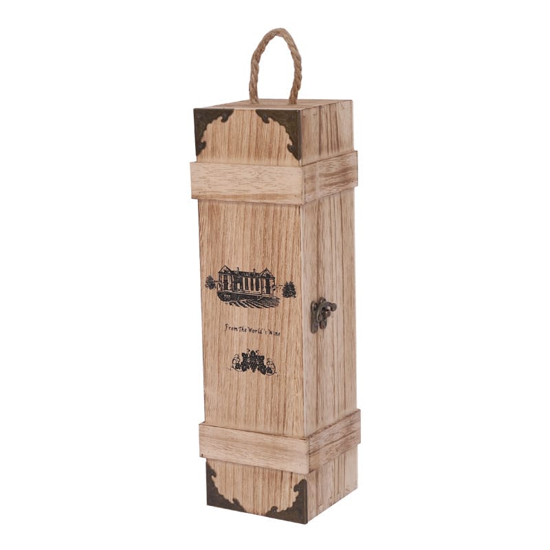 Custom Wooden Wine Box: 2-bottle solid wood packaging with rope handle and metal clasps. Perfect for wine gifts.