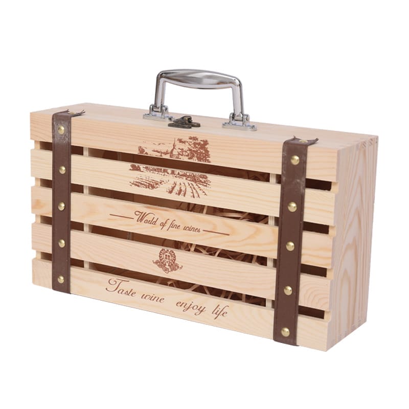 Custom Wooden Wine Box: 2-bottle solid wood wine carrier, perfect for gifting. Features a handle and rustic design.