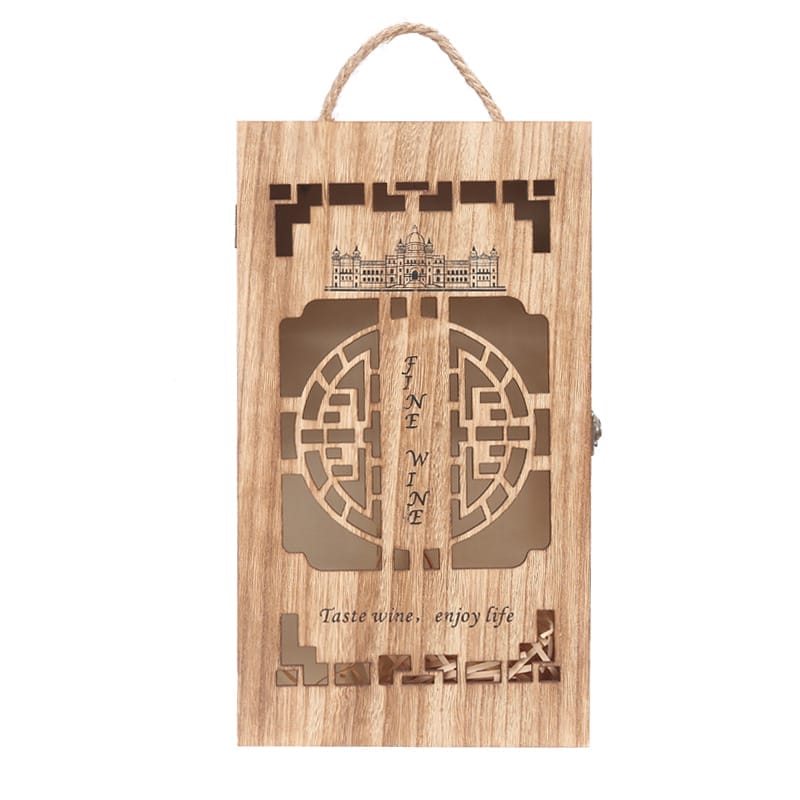 Custom Wooden Wine Box: 2-bottle solid wood packaging with laser-cut design and building image. Perfect for gift-giving.