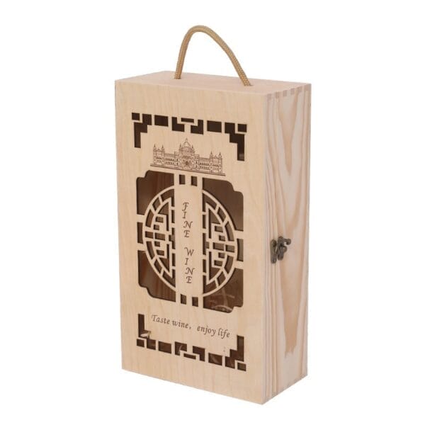 Custom 2-bottle wooden wine box, solid wood construction, engraved design, perfect for gifting.