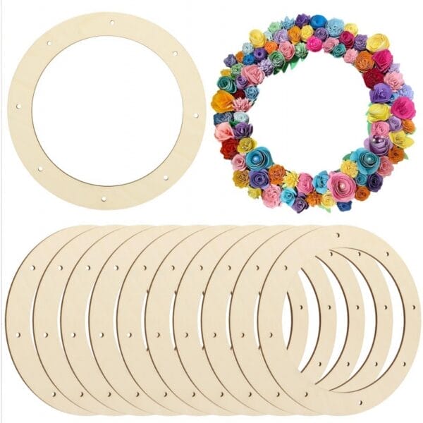 Wholesale wooden wreath ring and a finished paper flower wreath. Perfect for crafting.