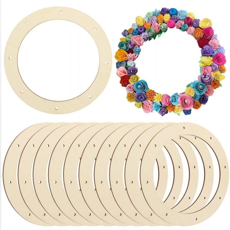 Wholesale wooden wreath ring and a finished paper flower wreath. Perfect for crafting.
