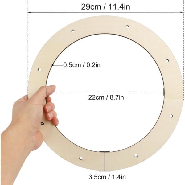 Wooden wreath ring with dimensions: 29cm outer diameter, 22cm inner diameter, 3.5cm width. Wholesale wood wreath frames available.