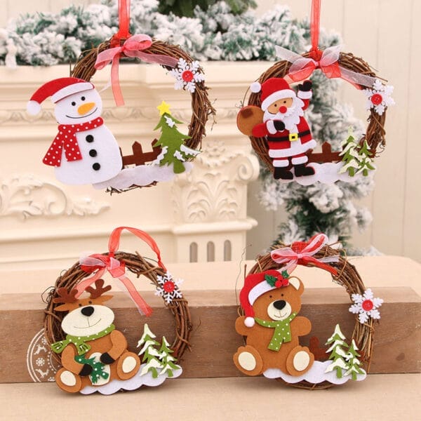 Four adorable felt Christmas wreaths, featuring snowman, Santa, reindeer, and teddy bear designs. Wholesale Christmas decorations.