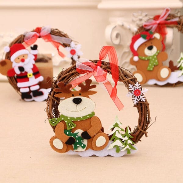 Adorable felt Christmas reindeer, Santa, and bear ornaments on mini wooden wreaths. Wholesale Christmas decorations.