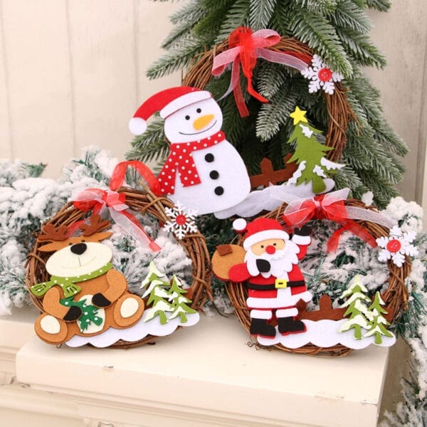 Adorable felt Christmas wreaths featuring snowman, reindeer, and Santa. Wholesale Christmas decorations.