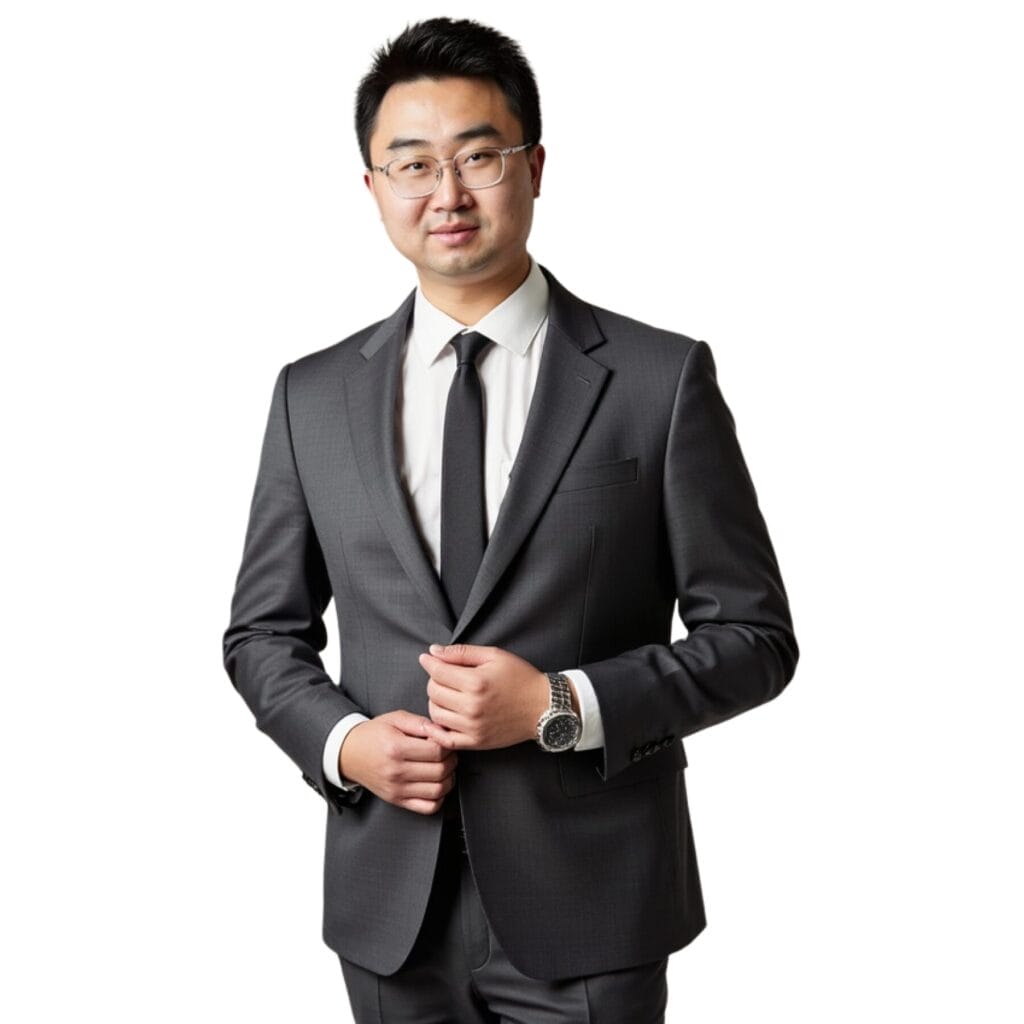 Confident Asian businessman in suit, adjusting jacket