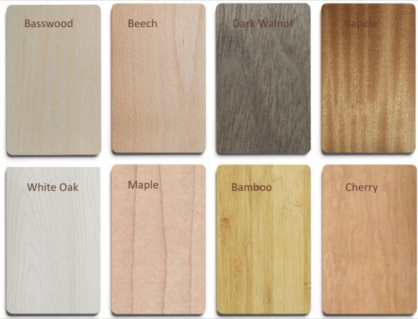 Custom Bamboo Business Cards: Eco-friendly wooden cards in basswood, beech, dark walnut, sapele, white oak, maple, bamboo, and cherry