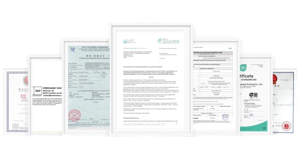 Various certifications and documents displayed, including ISO and Oeko-Tex Standard 100.