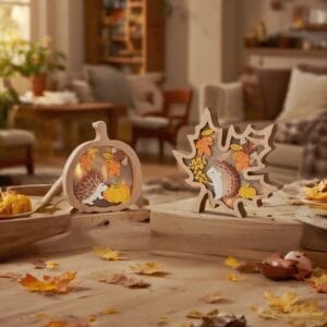 Wooden autumn decor: illuminated pumpkin and leaf shapes with hedgehogs.
