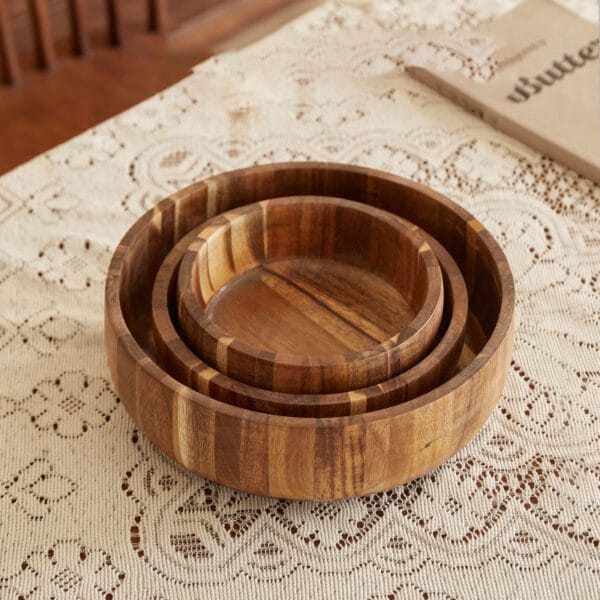 Custom Acacia Wood Bowls: Wholesale salad bowl set on lace covered table