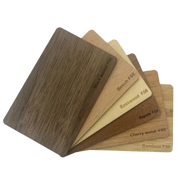 Eco-friendly bamboo business cards: Sample swatches of Black Walnut, Beech, Basswood, Sapele, Cherrywood, and Bamboo. F08