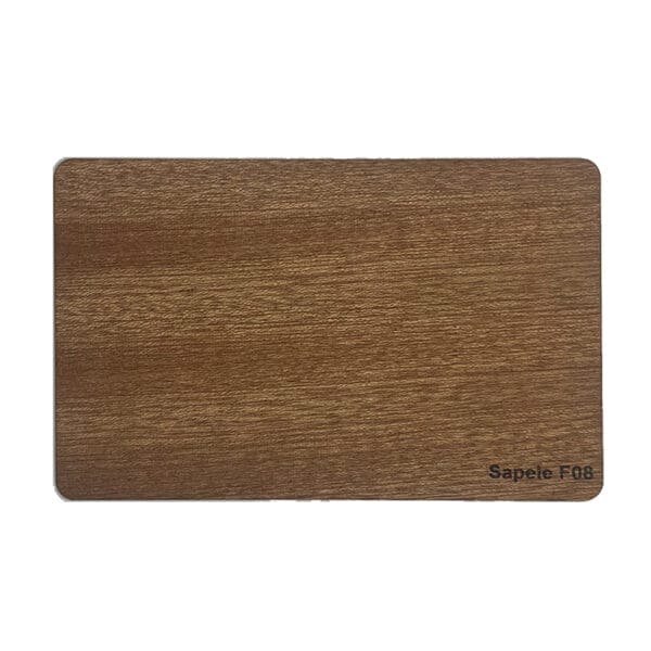 Custom Bamboo Business Cards: Eco-friendly wooden card sample showing rich brown wood grain. Sapeie F08.
